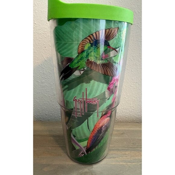Tervis Tumbler 24 Oz Guy Harvey Hummingbird Pink Flower Cup With Green Lid Birds - Picture 2 of 7